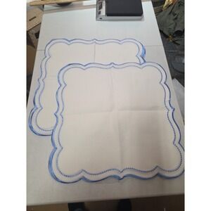 Set of 12 White Cloth Napkins Blue Scalloped Embroidered Border 18x18 Polyester